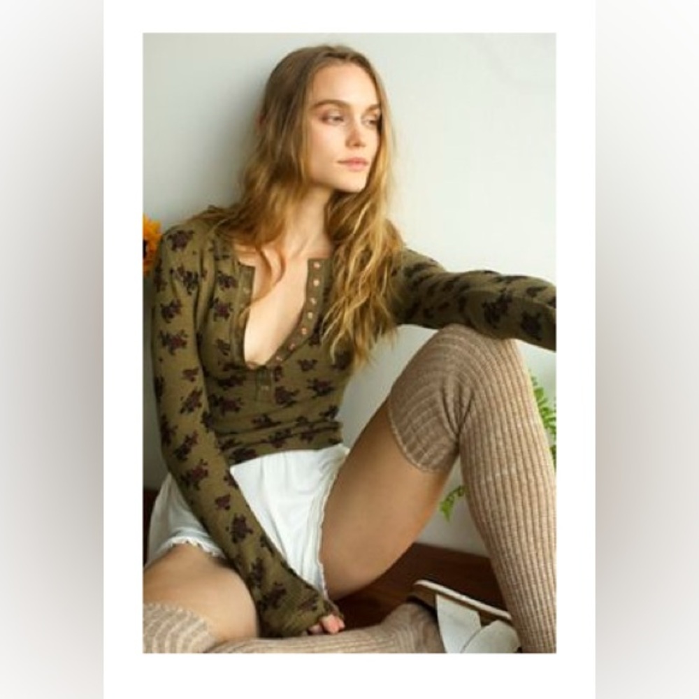 Free People One Of The Girls Printed Henley in Army Combo